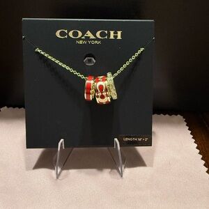 NWT Coach Signature Enamel Rondell Necklace Gold Red Logo 3 Charms Rings